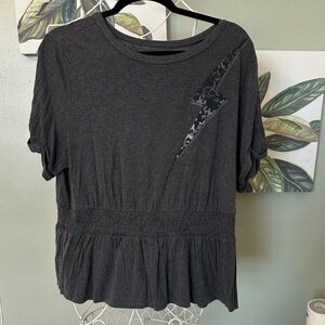 Short Sleeve Charcoal Peplum Top with Lightning Accent